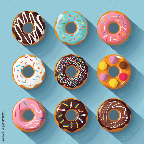 Assorted colorful donuts vector illustration, sweet glazed pastries various toppings. Collection delicious frosted doughnuts cast shadows blue background, ideal bakery menu graphic. Cartoon styled