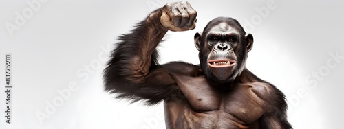 Powerful Anthropomorphized Chimpanzee Flexing Fist in Aggressive Stance on White Background