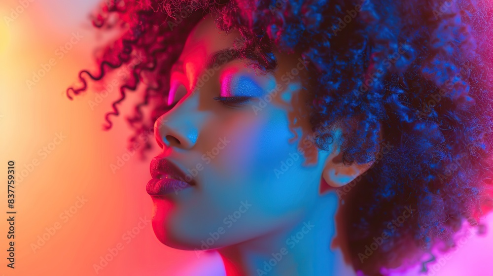Fototapeta premium Curly-haired woman is in a room with bright, colorful lighting, giving the image a lively and energetic feel