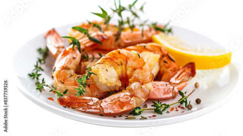 A close-up image of grilled shrimp on a white plate garnished with lemon slices and fresh thyme