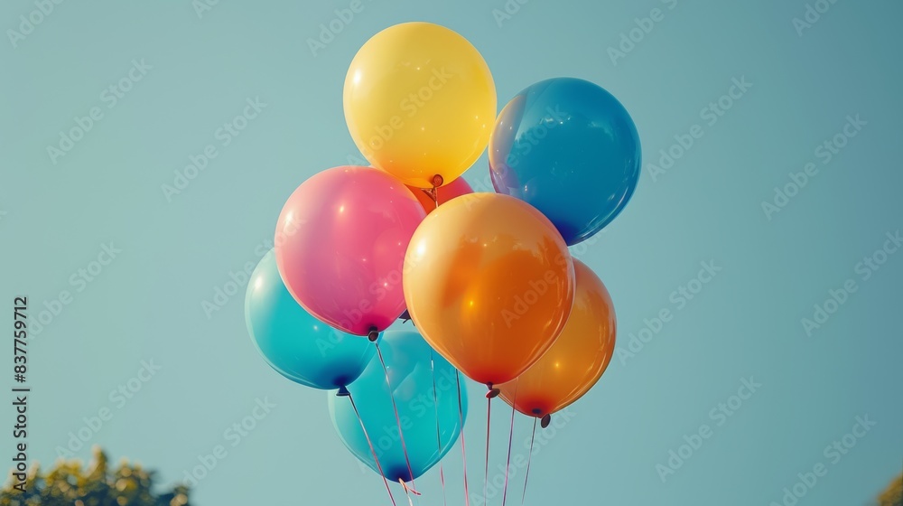 A whimsical shot of a cluster of helium balloons, all round and varying in size and color, floating against a clear blue sky.