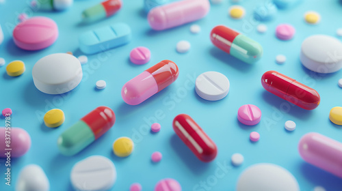 Various Pills And Medicine On A Blue Background