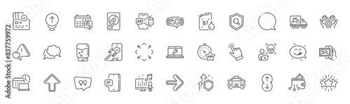 Spanner, Hdd and Attention line icons. Pack of Vip timer, Speech bubble, 5g wifi icon. Employee hand, Diesel canister, Next pictogram. Laptop repair, Scroll down, Water cooler. Line icons. Vector