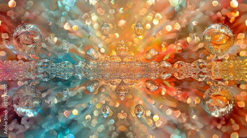 An abstract photograph of soap bubbles on a reflective surface, creating a kaleidoscopic effect that resembles a mirage of shifting patterns and colors. photo