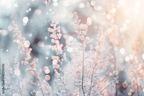 Delicate wildflowers in a pastel bokeh background.