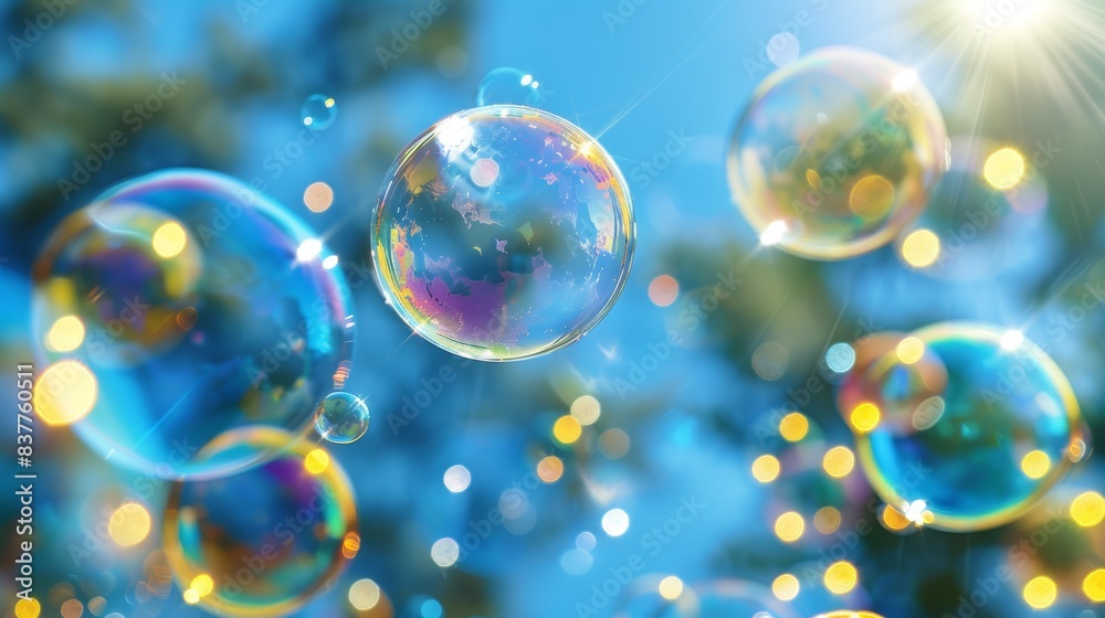 Close-up of colorful soap bubbles floating in the air against a bright blue sky, creating a whimsical and playful atmosphere.