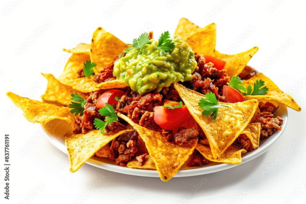 Corn chips nachos with fried minced meat and guacamole on white background Corn chips nachos with fried minced meat and guacamole on white background