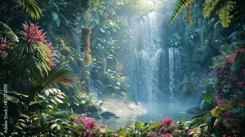 Lush tropical rainforest with a serene waterfall cascading into a sparkling pool  surrounded by vibrant foliage and flowers.