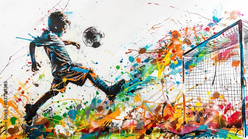 Boy kicks a soccer ball in a colorful painting. The painting is full of splatters of paint, giving it a vibrant and energetic feel. The boy's action of kicking the ball represents the excitement Boy kicks a soccer ball in a colorful painting. The painting is full of splatters of paint, giving it a vibrant and energetic feel. The boy's action of kicking the ball represents the excitement
