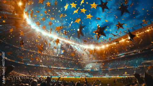 Conceptual illustration showcasing Euros raining down onto a football stadium filled with cheering fans, representing the economic impact of the 2024 Cup