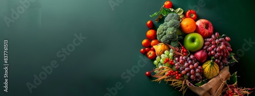 On a dark green background, various fresh summer seasonal fruits and vegetables form a bouquet, wrapped in wrapping paper, 4k high-definition wallpaper, background, generated by AI.Vibrant Summer Boun photo