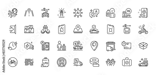 Metro, Transport insurance and Pickup line icons pack. AI, Question and Answer, Map pin icons. Adhesive tape, International flight, Road web icon. Vector