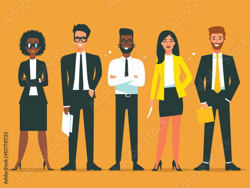 Five professionals standing confident, diverse business team ready work. African female, Caucasian male, holding clipboard, smiling woman yellow, man tablet, corporate attire. Cartoon characters