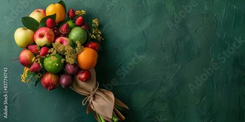 On a dark green background, various fresh summer seasonal fruits and vegetables form a bouquet, wrapped in wrapping paper, 4k high-definition wallpaper, background, generated by AI.Vibrant Summer Boun photo