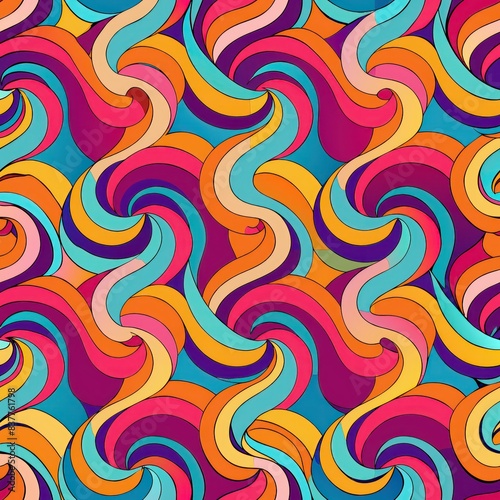 Seamless pattern of abstract retro waves and curves in vibrant neon colors, Generative AI