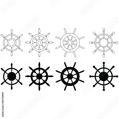 Set of steering ship wheels vector illustration. Wheel symbol. Nautical elements