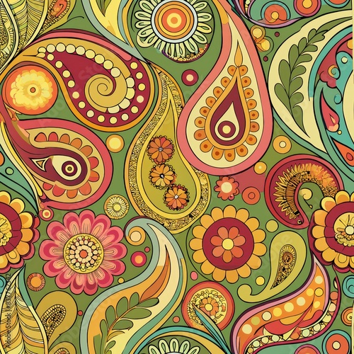 Seamless pattern of groovy paisley prints in retro color palettes, Generative AI