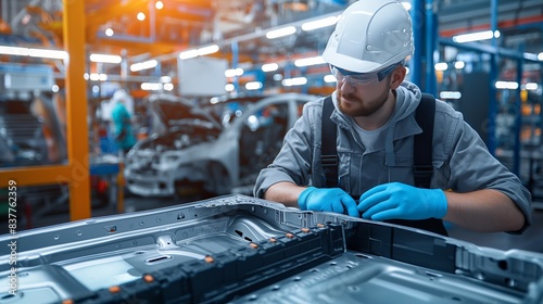 A worker wearing protective glasses, a white helmet, and blue gloves works on the battery of an electric car in a modern factory, showcasing the essential safety equipment and practices in the automot