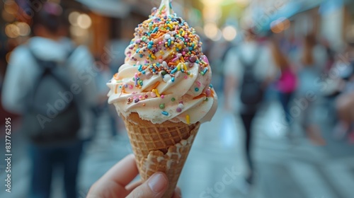 A person holding a cone with sprinkles and frosting on it, AI