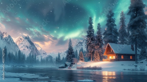 Scenic winter landscape with northern lights  cabin  snow-covered trees  mountains  and a frozen lake illuminated by a cozy cabin light.