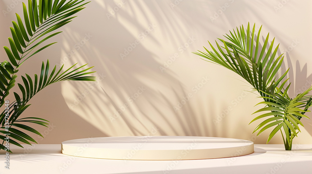 simple 3d podium display on beige background with palm tree shadow simple 3d podium display on beige background with palm tree shadow