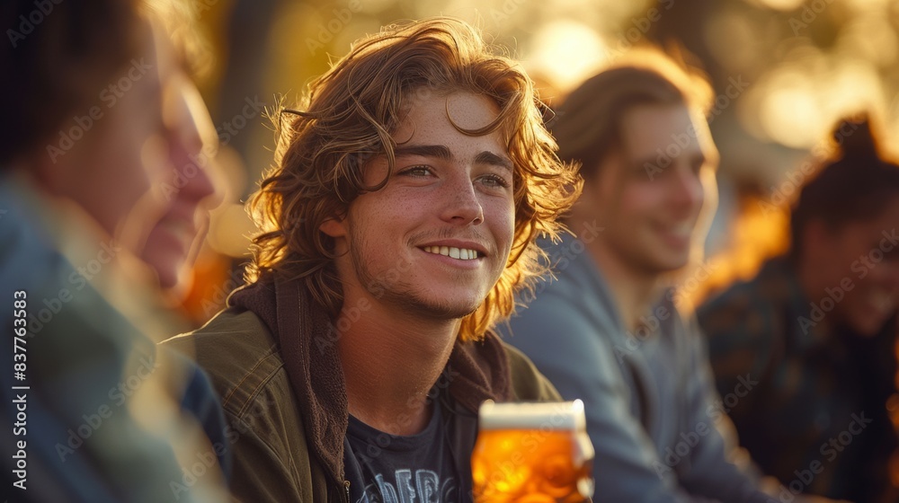 A group of people sitting together smiling and holding a beer, AI A group of people sitting together smiling and holding a beer, AI