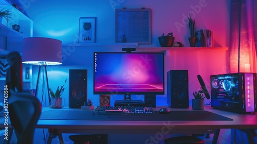 Computer desk with a monitor, keyboard, mouse, and speakers. The desk is lit with colorful lights, creating a vibrant and energetic atmosphere