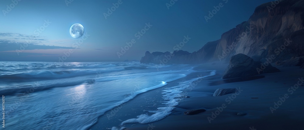 Fototapeta premium Serene moonlit beach with gentle waves under a dramatic cliffside, creating a peaceful, enchanting night-time coastal landscape.