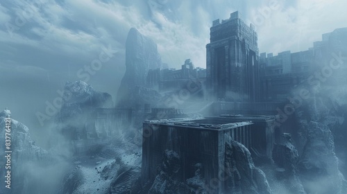 A mysterious castle shrouded in mist and snow, set in a rugged mountainous landscape under a cloudy sky.