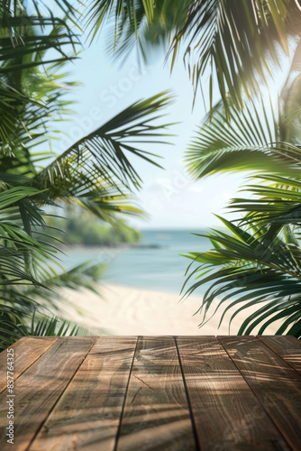 Empty wooden table surrounded by palm leaves on a beach backdrop, perfect for product placement © ChubbyCat