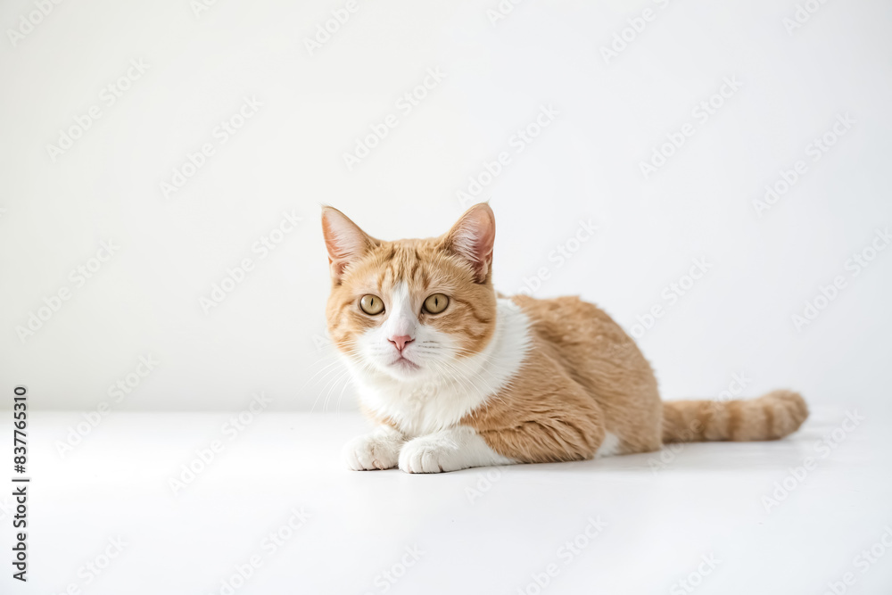 Orange and White Cat Lying Down on White Background Orange and White Cat Lying Down on White Background