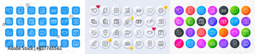 Paint, Bitcoin mining and Sports stadium line icons. Square, Gradient, Pin 3d buttons. AI, QA and map pin icons. Pack of Market, Bill accounting, Brand contract icon. Vector