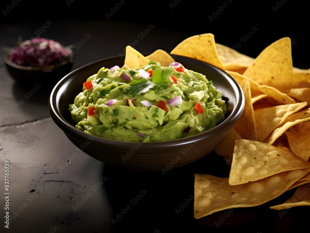 Top view of avocado guacamole dip with salted tortilla chips in bowl on dark background Top view of avocado guacamole dip with salted tortilla chips in bowl on dark background