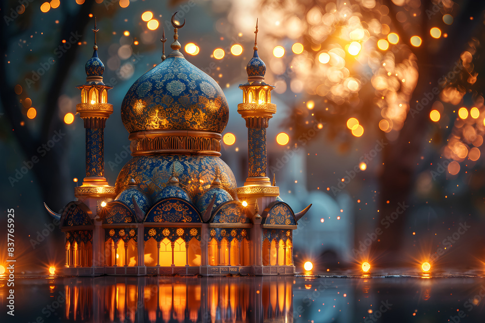Obraz premium Mosque Miniature with Bokeh Lights on Dark Background for Islamic New Year Celebration