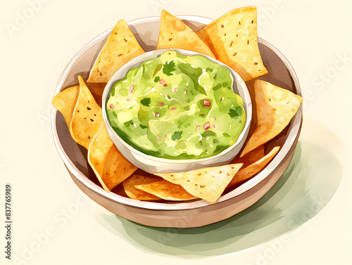 Illustration of fresh avocado guacamole dip with salted tortilla chips in bowl