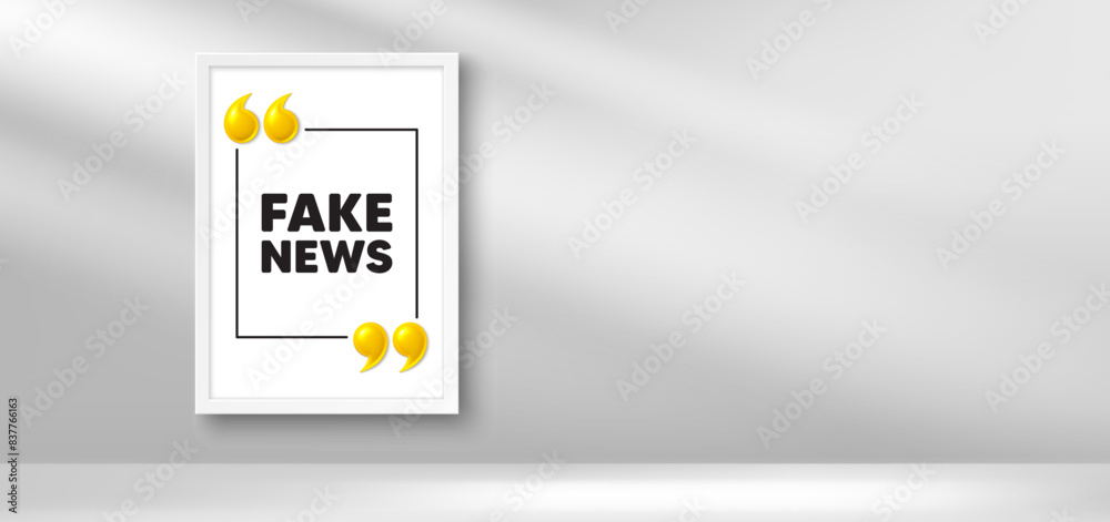 Obraz premium Photo frame banner. Fake news tag. Media newspaper sign. Daily information symbol. Fake news picture frame message. 3d comma quotation. Vector