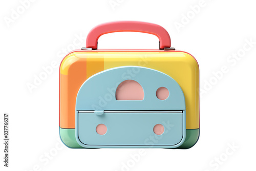 Colorful plastic toy suitcase with a handle, featuring a playful pastel design. Perfect for travel-themed decorations or children's play activities.