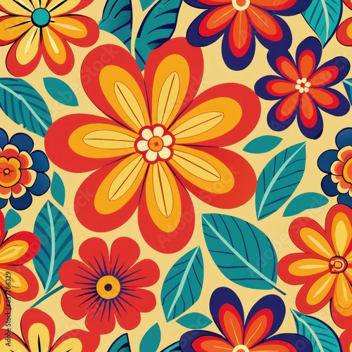 Seamless pattern of retro floral motifs with bright and contrasting hues, Generative AI