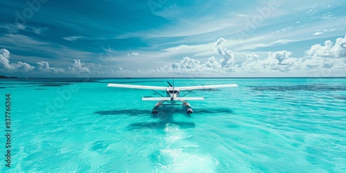 Sea plane taking off from a calm, turquoise lagoon generated by AI