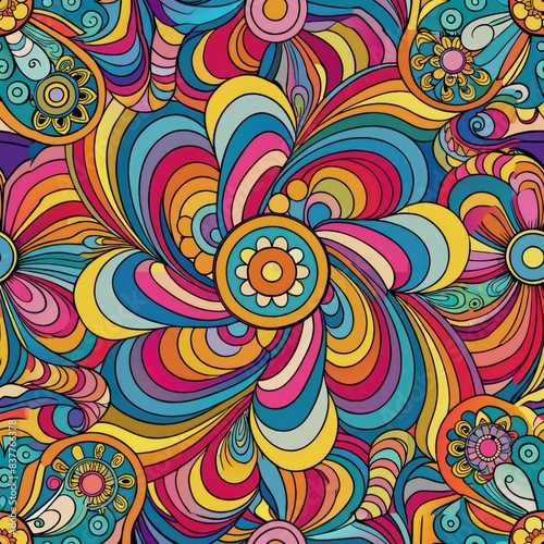 Seamless pattern of psychedelic swirls and kaleidoscopic patterns in a rainbow of colors, Generative AI