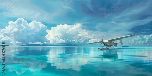 Sea plane taking off from a calm, turquoise lagoon generated by AI photo