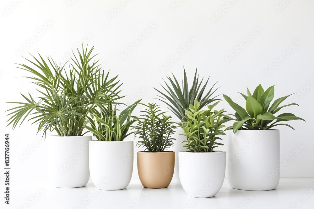 Fototapeta premium Five potted plants against a white wall