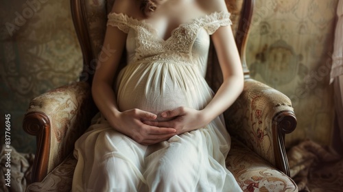 A pregnant woman in a white dress sitting on an old chair, AI