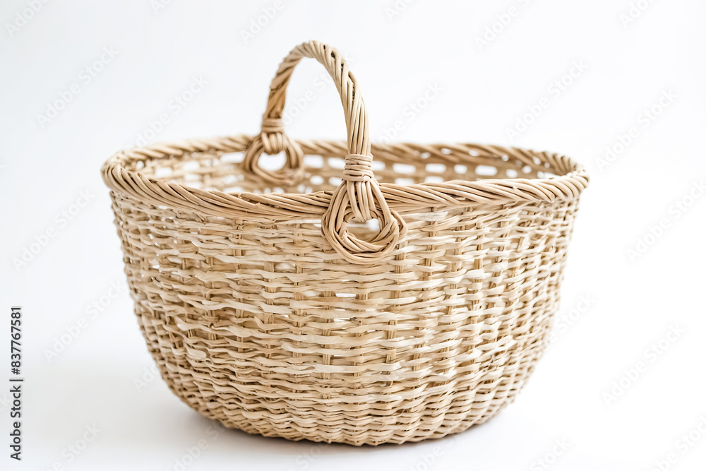 Fototapeta premium Woven wicker basket with handle on white background