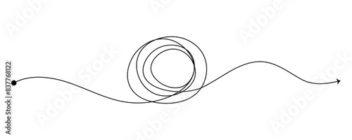 Insane messy line.Set of messy clew symbols connected between them line of symbols with scribbled round element, Freehand drawing. Black and white abstract scribbles, chaos doodles with background.