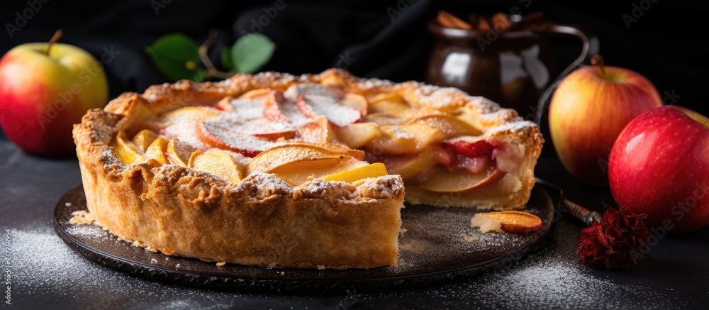 Delicious French apple pie on a dark marble background with fresh fruit slices, presenting a closeup image with copy space. Delicious French apple pie on a dark marble background with fresh fruit slices, presenting a closeup image with copy space.