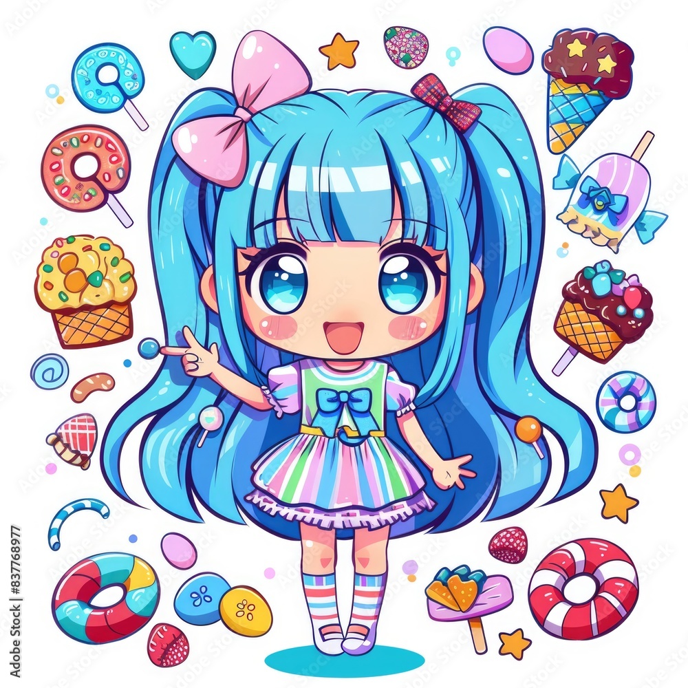 Fototapeta premium Cute candy chibi picture. Cartoon happy drawn characters
