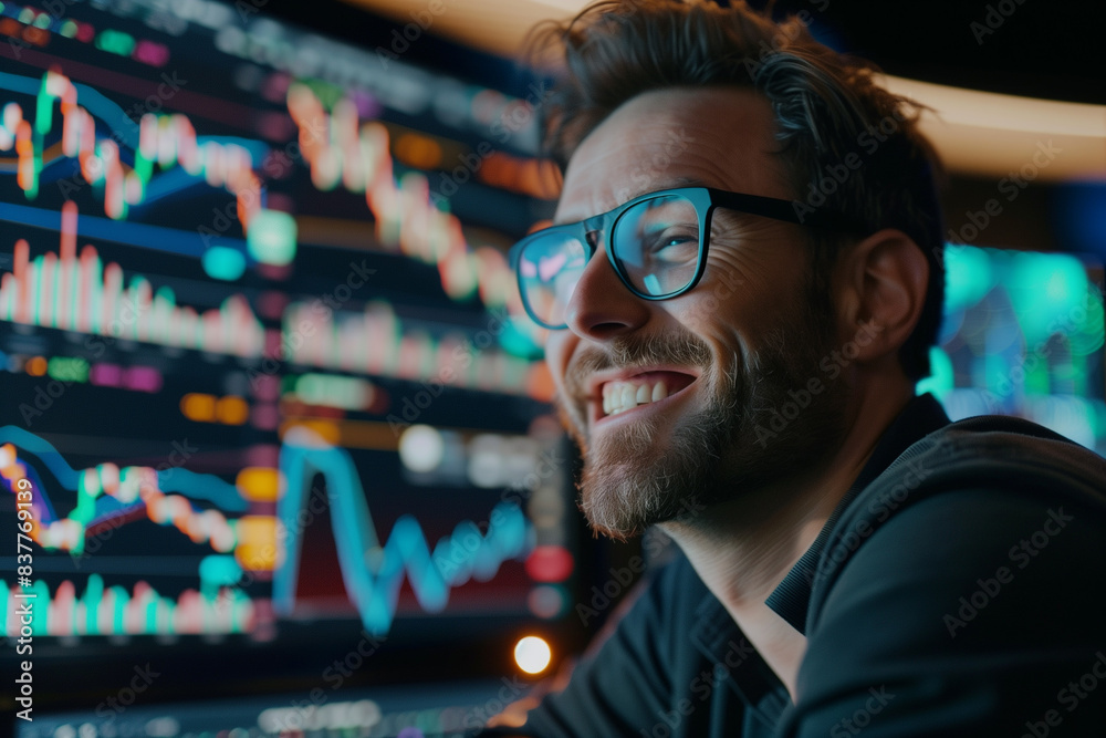 A happy young crypto trader at their workplace, smiling confidently at the camera. Multiple screens displaying cryptocurrency charts and data are visible in the background