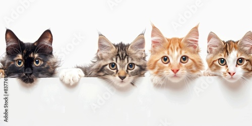 Cute different of cats peeking on isolated white background, with copy space, blank for text ads, and graphic design © Vladyslav  Andrukhiv