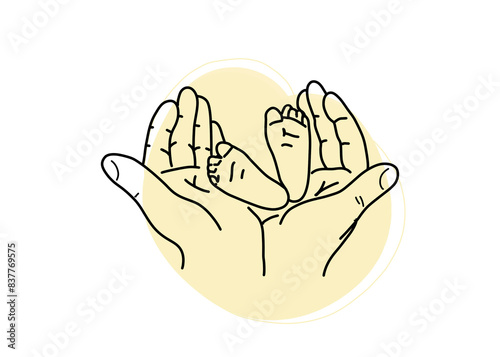 Human hands holding baby feet over white background